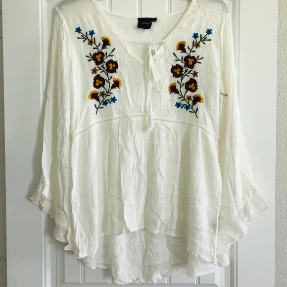 CLICHÉ WHITE FLORAL RUFFLE BLOUSE SIZE L NWT - Picture 7 of 8